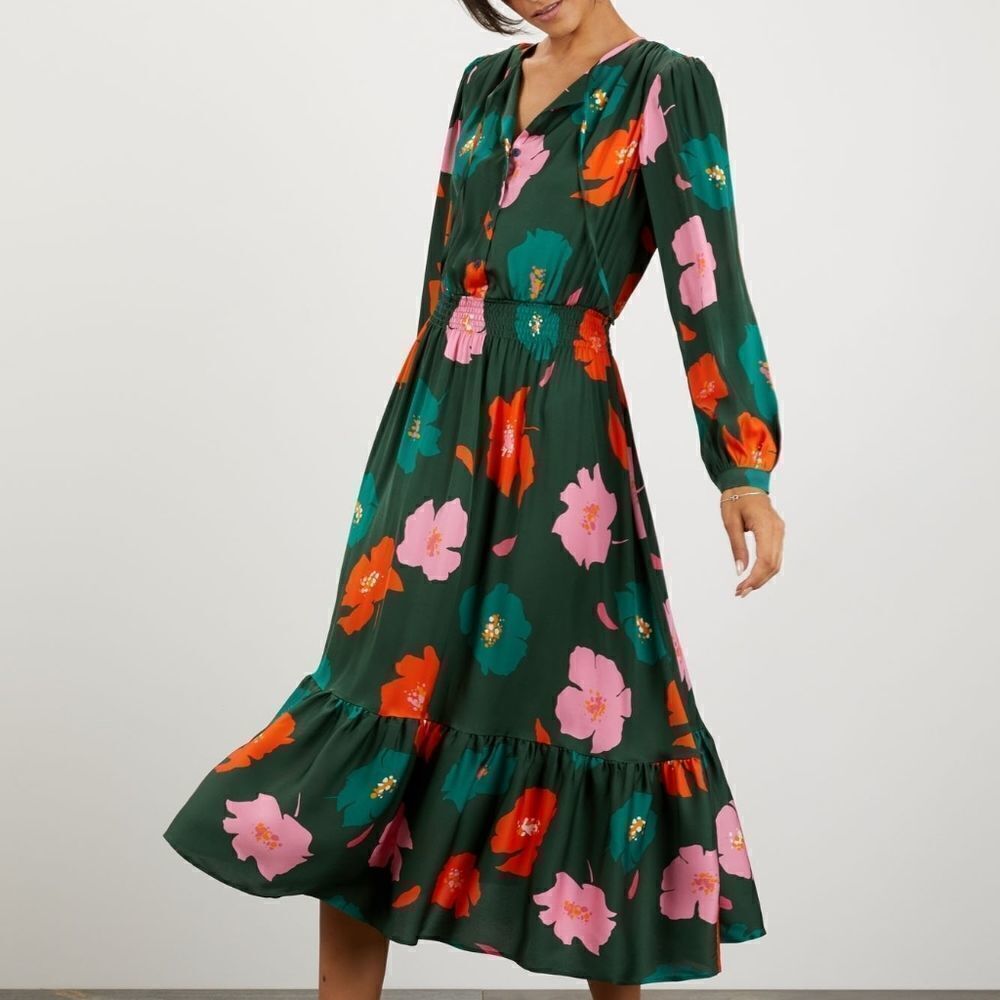 Tucker Juliette Dress in Charmeuse Evergreen Poppies Emerald Floral Silk